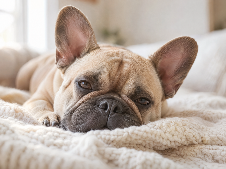 Verschlafene Französische Bulldogge schaut auf einer Decke in die Kamera