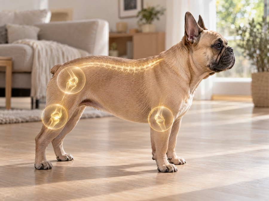 Französische Bulldogge im Profil, Gelenke und Wirbelsäule golden hervorgehoben