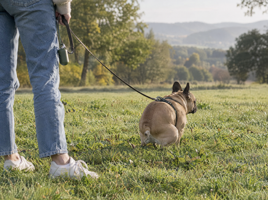 Französische Bulldogge auf der Wiese beim Gassi, von hinten