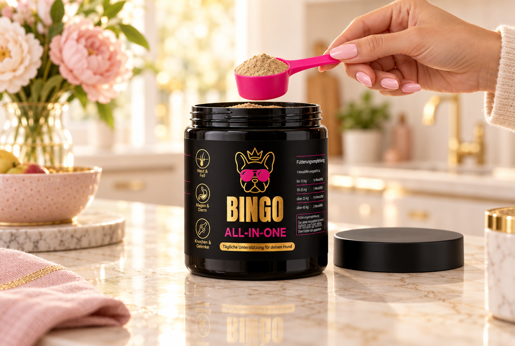 Hand mit rosa lackierten Nägeln holt mit dem Messlöffel Pulver aus der geöffneten schwarzen BINGO-Dose