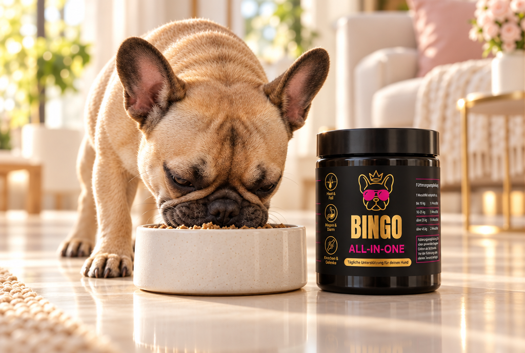 Französische Bulldogge frisst aus ihrem Napf, davor die BINGO-Dose